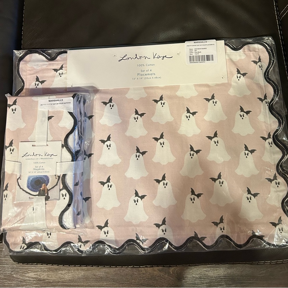London Kaye Pink Pretty Ghost Placemat & Napkin Set for 4 People 100% Cotton NWT